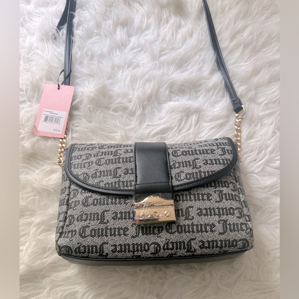 Juicy Couture Black and Gray Logo Crossbody Shoulder Bag with Gold Hardware